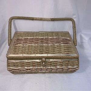 Dritz Wicker Sewing Embroidery Woven Straw Basket with Handle 1960s Green Lining